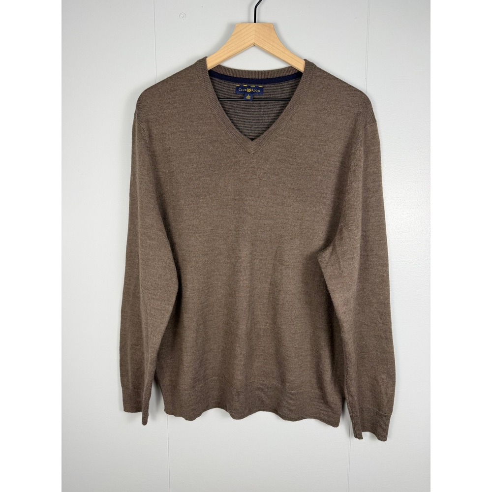 Club Room Dark Academia Old Money Sweater Men L Brown V-Neck Merino Wool Earthy